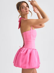 Halterneck Lace-Up Bubble Hem Mini Dress
