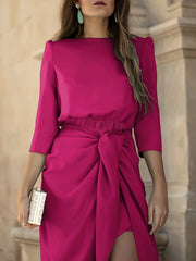 3/4-Sleeve Satin Asymmetrical Plain Dress
