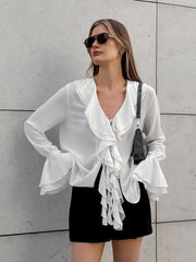 Solid Color Ruffle V Neck Blouses