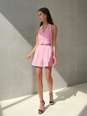 Sleeveless V Neck Halter Slim Top High Waist Shorts Set