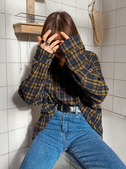 Lapel Long-Sleeved Plaid Shirt