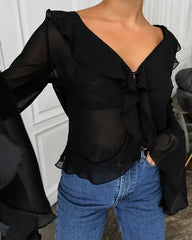 Chiffon Ruffle V-Neck Blouse