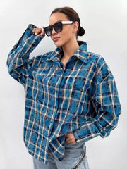 Checked Shirt Collar Pure Cotton Top