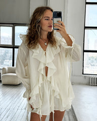 Solid Ruffled Lace-up Casual Top and Elastic Waisted Loose Pocket Shorts Set