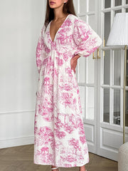 Lantern Sleeve V-Neck Printed Lace-Up Maxi Dress