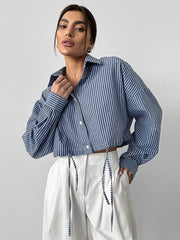 Long Sleeve Cropped Tie Striped Shirt