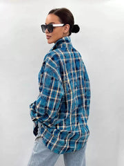 Checked Shirt Collar Pure Cotton Top
