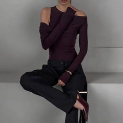 Slim Long Sleeve Cross Wrap Off Shoulder Crop Top