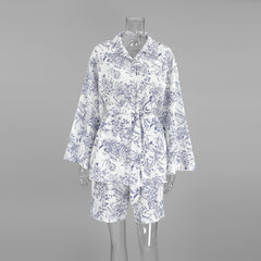 Printed Cardigan Lace-up Long Sleeve Shorts Two-Piece Set