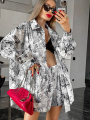 Long Sleeve Button Down Blouse and Shorts Matching Set