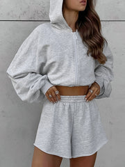 Solid Hoodie Crop Top Shorts SetSolid Hoodie Crop Top Shorts Set