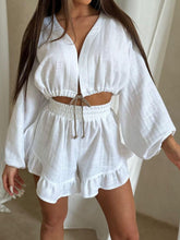 V-Neck Puff Sleeve Crop Top Two-Piece Set