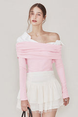 Off-Shoulder Colorblock Long-Sleeved Slim-Fit T-shirt