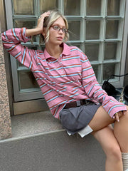 Knitted Textured Pink Striped POLO Shirt