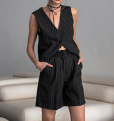 Black White Stripes Sleeveless Vest Shorts Two Piece Set