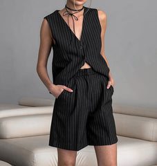 Black White Stripes Sleeveless Vest Shorts Two Piece Set