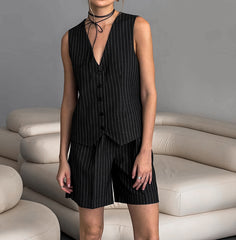 Black White Stripes Sleeveless Vest Shorts Two Piece Set