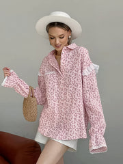 Lace Trim Long Sleeve Button Down Shirts Dressy Casual Tops