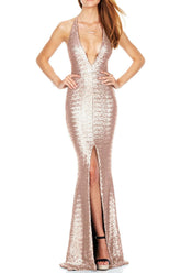 Strap Sleeveless Split Sequin Evening Dress