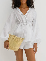 Ruffle Lace-Up V Neck Lantern Sleeve Short Sets