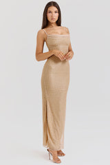 Beaded Mesh Overlay Gown