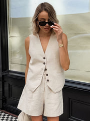 Loose Lounge Shorts Cotton Linen Vest Set
