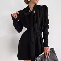 Bow Neckline Lantern Sleeve Mini Dress