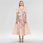 Floral Appliqued Mesh Midi Dress In Beige