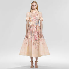 Floral Appliqued Mesh Midi Dress In Beige