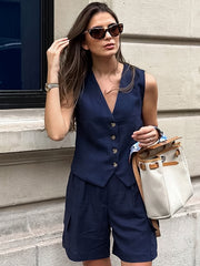 Solid V-neck Vest And Shorts Set