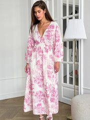 Lantern Sleeve V-Neck Printed Lace-Up Maxi Dress