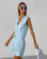 V-Neck Sleeveless Button Blouse And Loose Casual Shorts Set