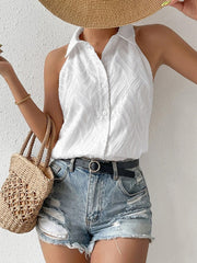 Sleeveless Jacquard Lapel Collar Tank Top