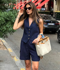 Solid V-neck Vest And Shorts Set