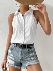 Sleeveless Jacquard Lapel Collar Tank Top