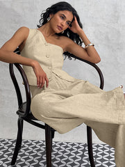 One Shoulder Sleeveless Button Down Tops and Wide Leg Pants Suit