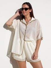 Contrast Trim Lapel Sheer Shorts Set