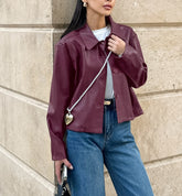 Leather Look Cropped Boxy Fit Long Sleeve Coat