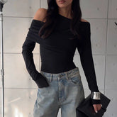 Slim Long Sleeve Cross Wrap Off Shoulder Crop Top