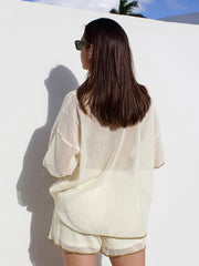 Contrast Trim Lapel Sheer Shorts Set