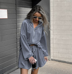Solid Hoodie Crop Top Shorts Set