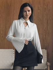 Turndown Collar Cutout Pleated Flare Sleeve Blouse
