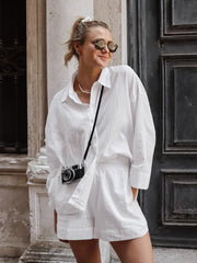 Long-Sleeve Plain Shirt + Elastic Waist Shorts