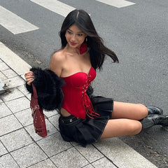 Red Lace-up Bandeau Irregular Top