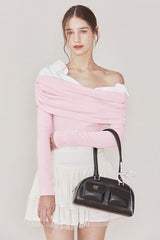 Off-Shoulder Colorblock Long-Sleeved Slim-Fit T-shirt