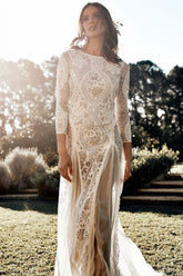 Open Back Sheath Boho Long Sleeve Wedding Gowns