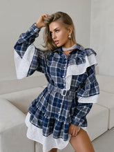 Lrregular Ruffled Plaid Long Sleeved Dress
