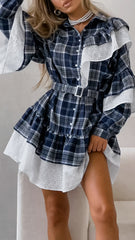 Lrregular Ruffled Plaid Long Sleeved Dress