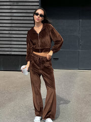 Drawstring Crop Velvet Hoodie & Pants