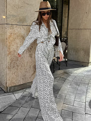 Cotton Leopard Shirt Long Pants Two-Piece Set